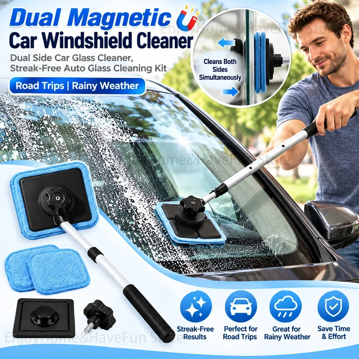 Dual Magnetic CarWindshield Cleaner, Dual Side Car Glass Cleaner,Streak-Free Auto Glass Cleaning Kit,Road Trips, Rainy Weather