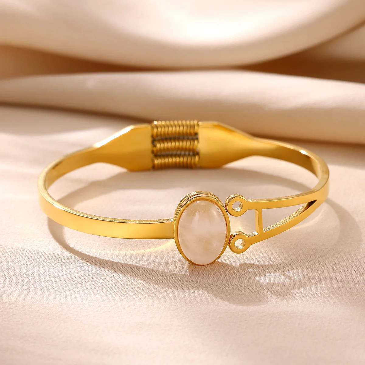 Geometric Luxury Stone Open Bangle Bracelets For Women Stainless Steel Gold Color Exquisite Cuff Bracelet Fashion Punk Jewelry