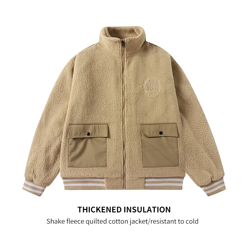 

Мужская теплая стеганая одежда, осенне-зимняя модная однотонная спортивная куртка с большим карманом и воротником-стойкой, мужская куртка из овечьей шерсти