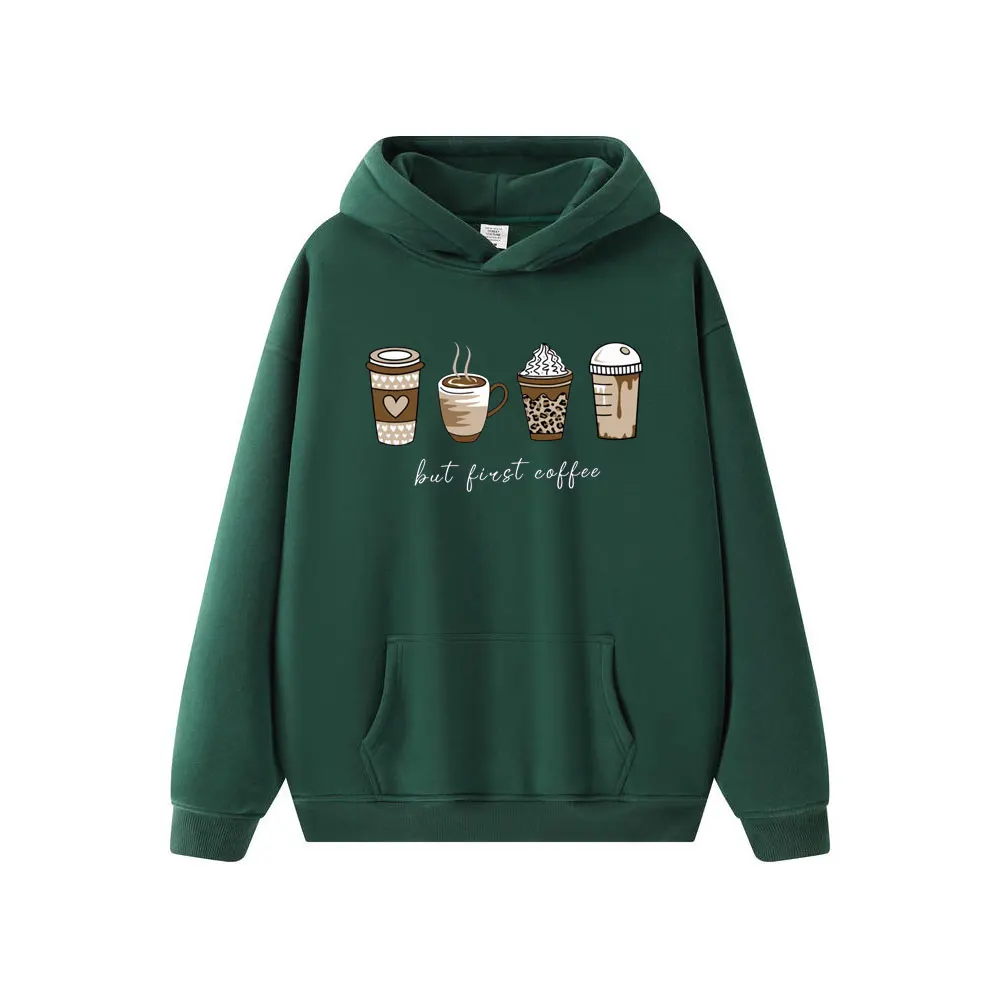 But First Coffee Cartoons Coffee Drinks Pattern Hoodies Fashion Warm Hoody Casual Trendy Sweatshirt Women Street Pullovers