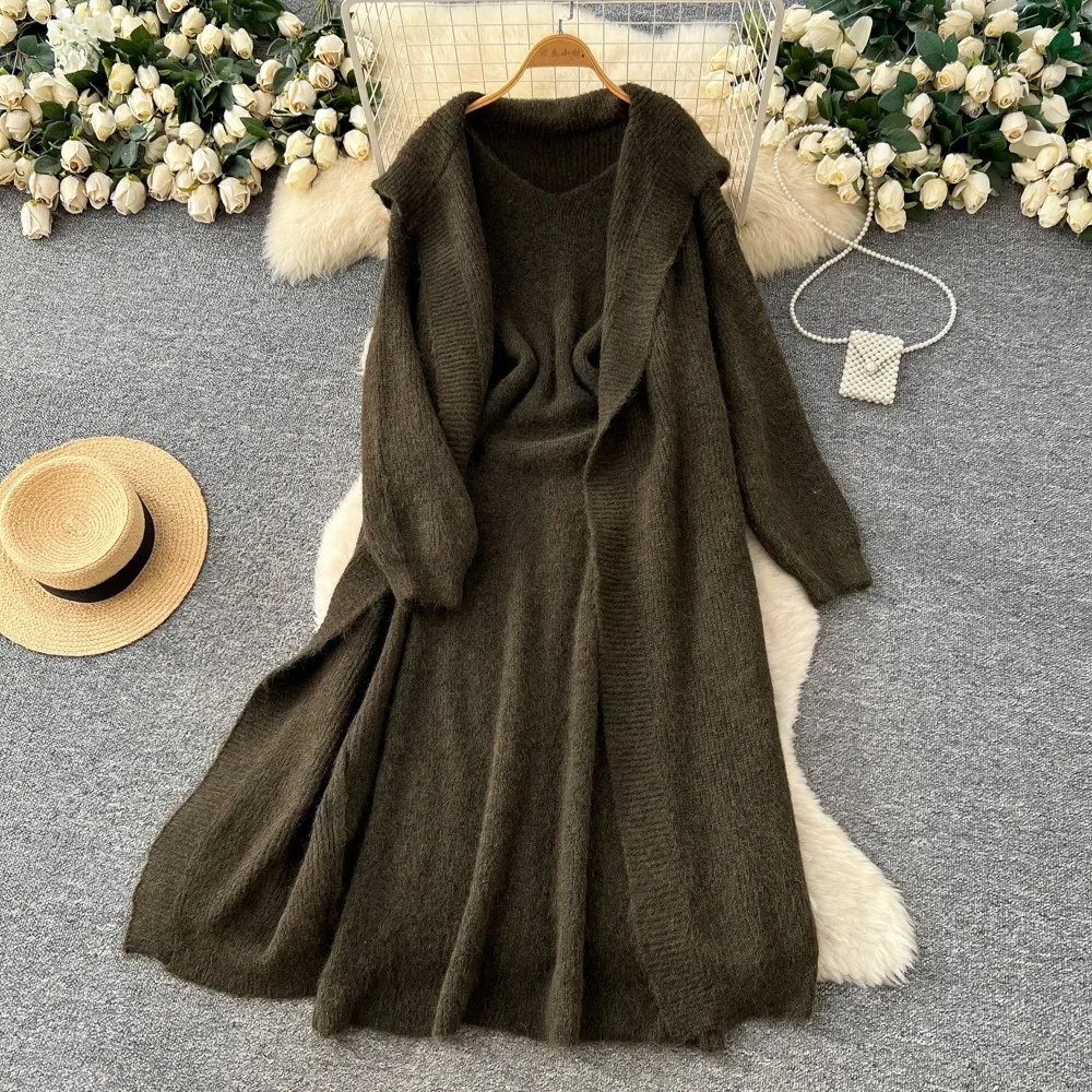 أنيقة فاخرة قطعتين المرأة سليم متماسكة منتصف طول مجموعة فستان بكتافة فضفاضة طويلة الأكمام قسط خمر البدلة مودا سترة