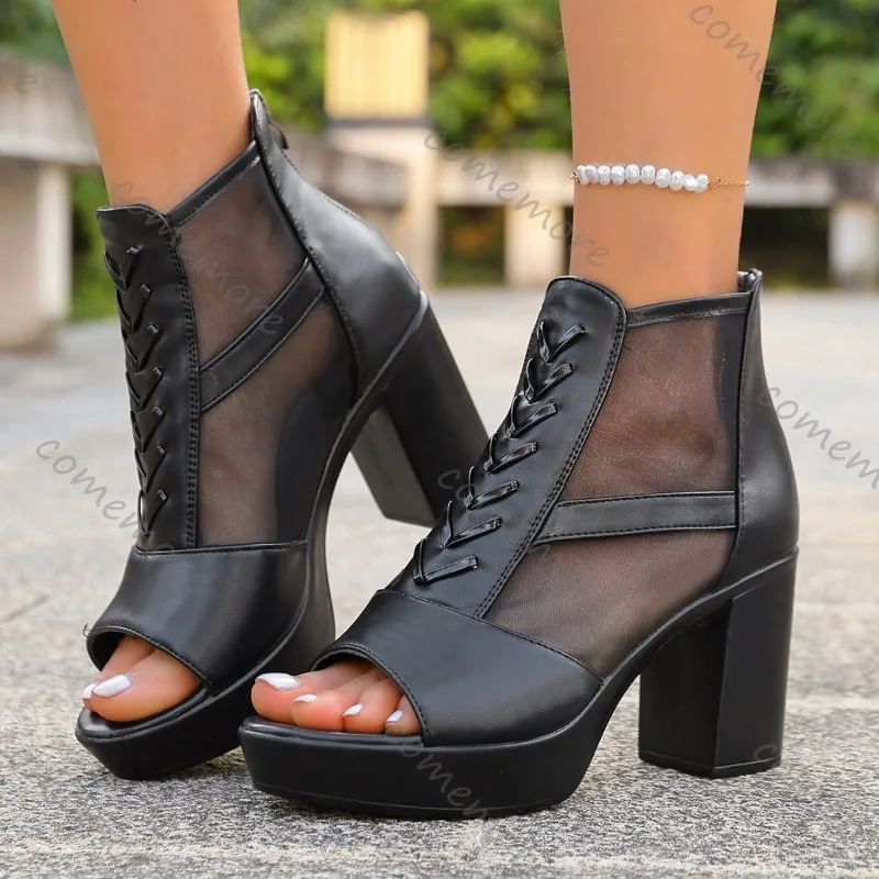 

Womens Mesh Cutout Platform Ankle Boots Peep Toe Back Zip Chunky Heel Sandal Booties Breathable Summer Streetwear Botas Feminina