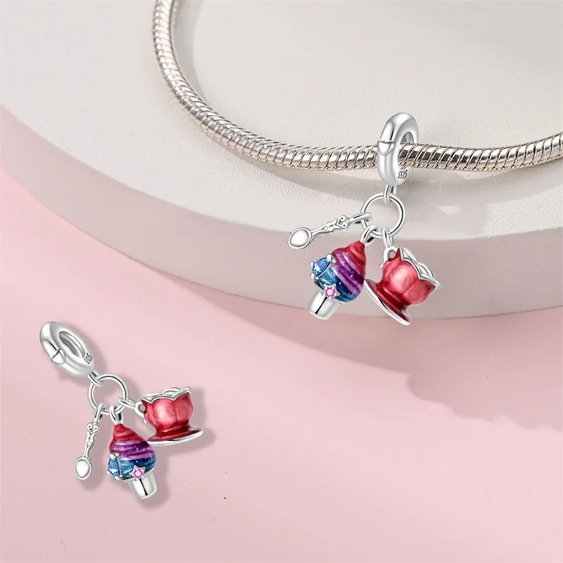 

925 Sterling Silver Ice Cream Milk Tea Cup Set Charms Pendant Fit 3mm Original Bracelet DIY Women Exquisite Party Jewelry Gifts
