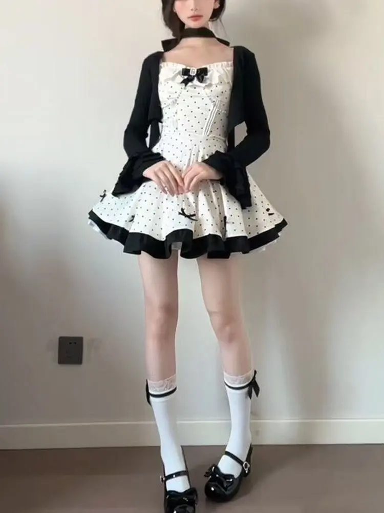 Vestido de lunares estilo japonés con lazo de mariposa y cárdigan, conjunto de dos piezas con falda corta, moda femenina para...