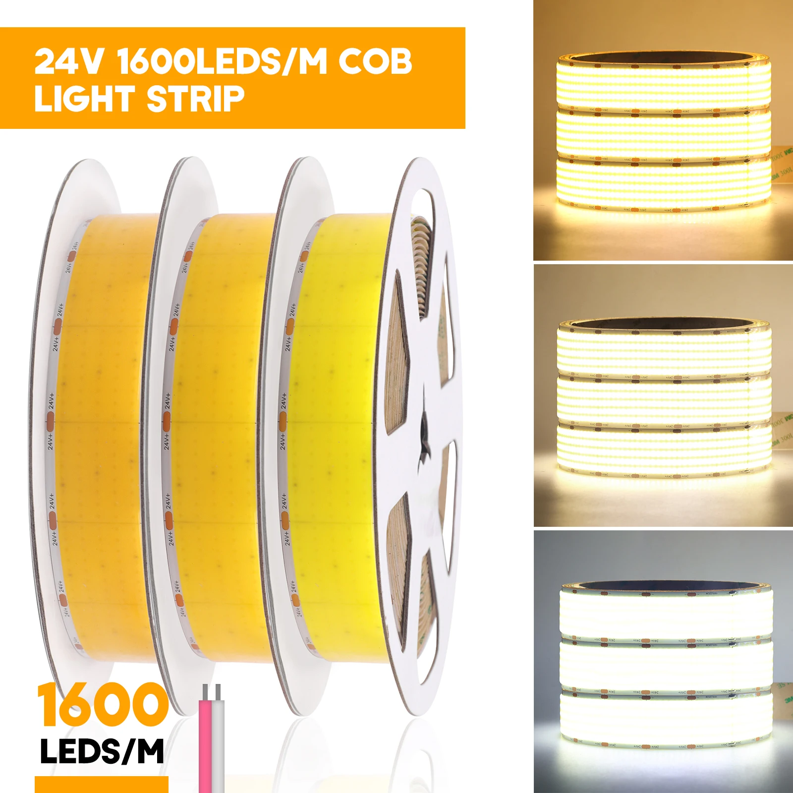 1600LEDs High Bright COB LED Strip Light 24V Flexible Tape for Room Linear Lighting High Density White Warm White Natural White