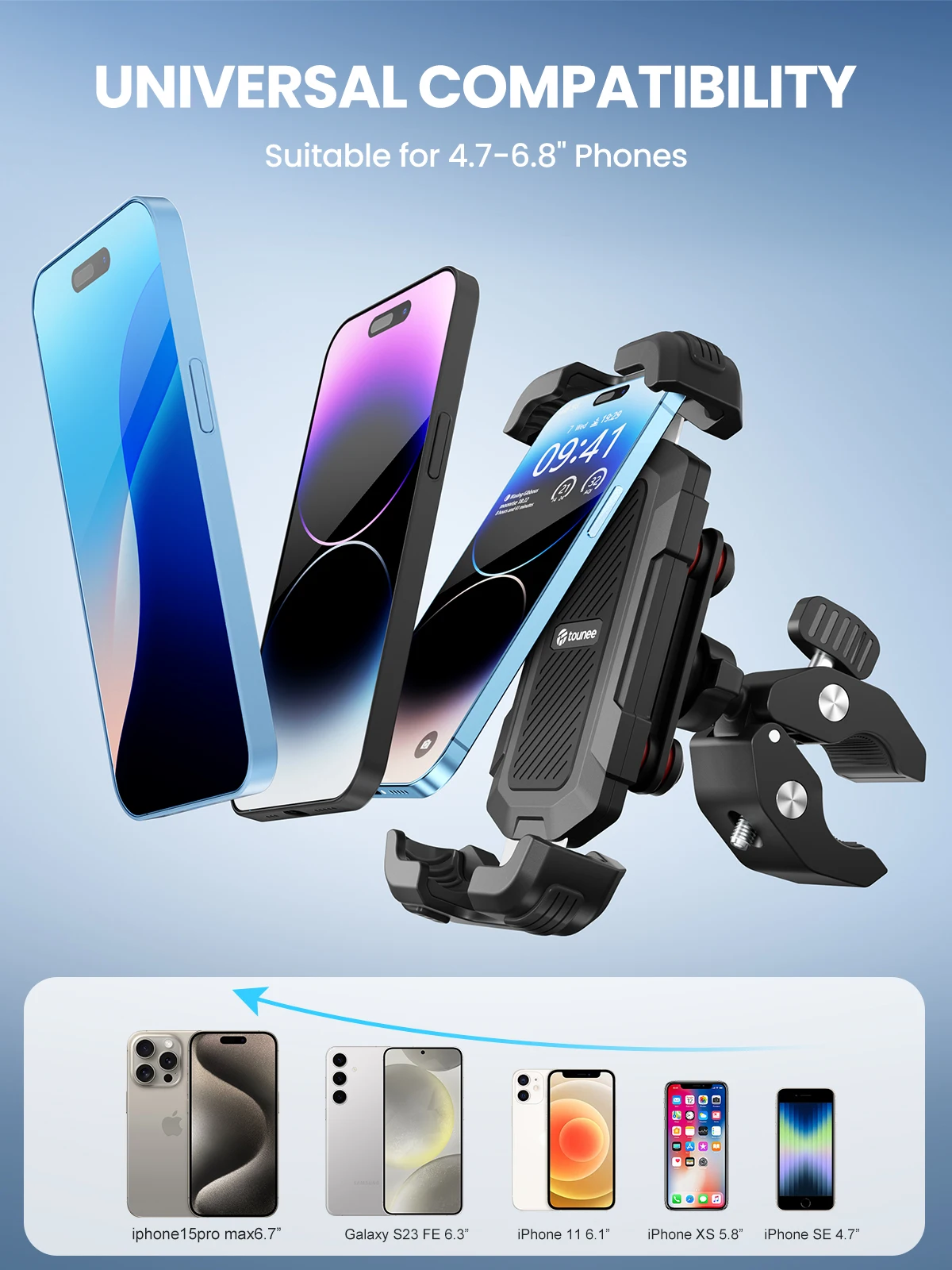 Bike Motorcycle Phone Holder -Dual Vibration Dampener, Tool-Free Handlebar Clip & Secure Lock for All 4.7-6.9" Phones