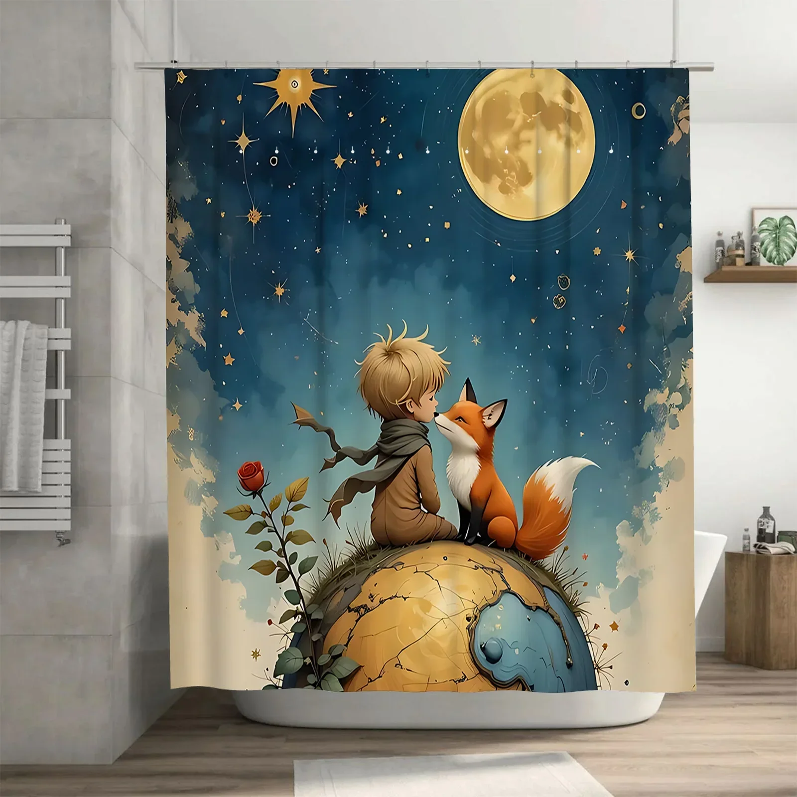 Cortina de chuveiro encantadora do pequeno príncipe e raposa – Design Space Fantasy para crianças e adultos – Tecido impermeável durável