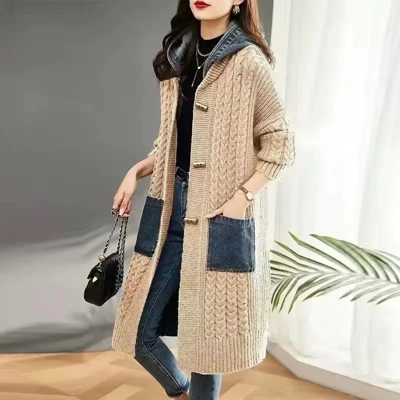 Women Knitted Cardigan Sweater Jacket Mid Length Version Autumn Winter Female Sweater Coat Denim Splicing Ladies Sweater L133