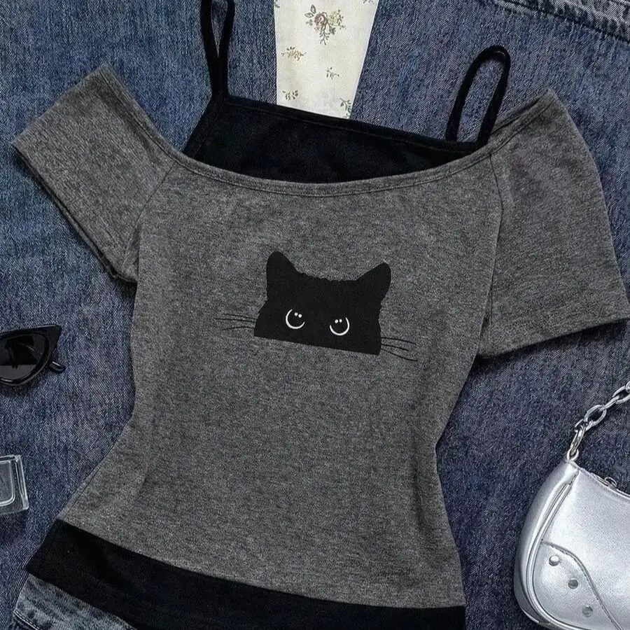 Summer fashion Kawaii retro TeesY2K creative design fake two-piece set American short sleeved T-shirt off shoulder slim fit top