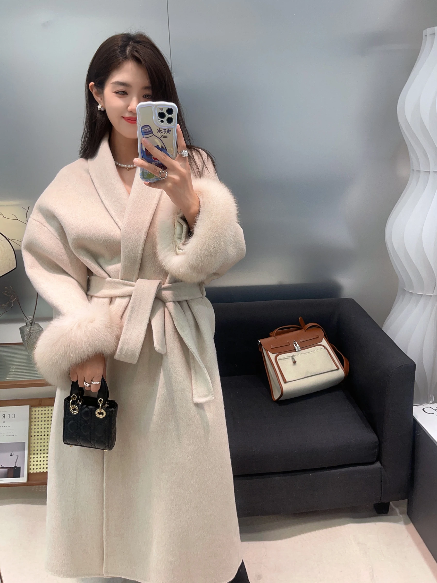 

2023 Winter Jacket Women Natural Real Fox Fur Cuff Thick Warm Outerwear Long Wool Coat Detachable Loose Belt Streetwear Jacket