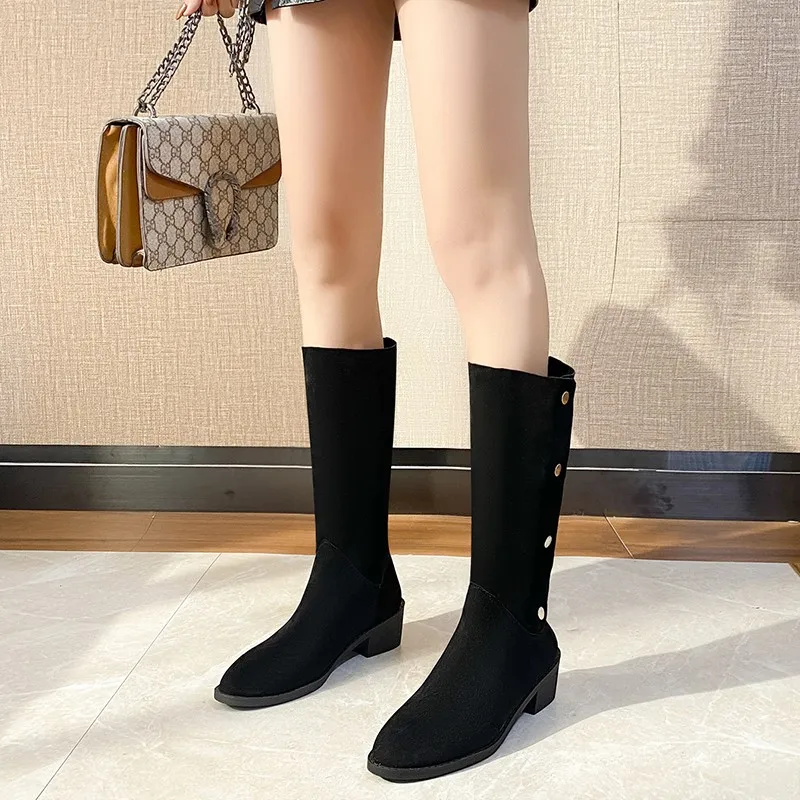 

Boots Children High Boots 2023 Autumn New European and American Pointed Pointed Scrub Skin Low -heeled Knight Boots Women Boots