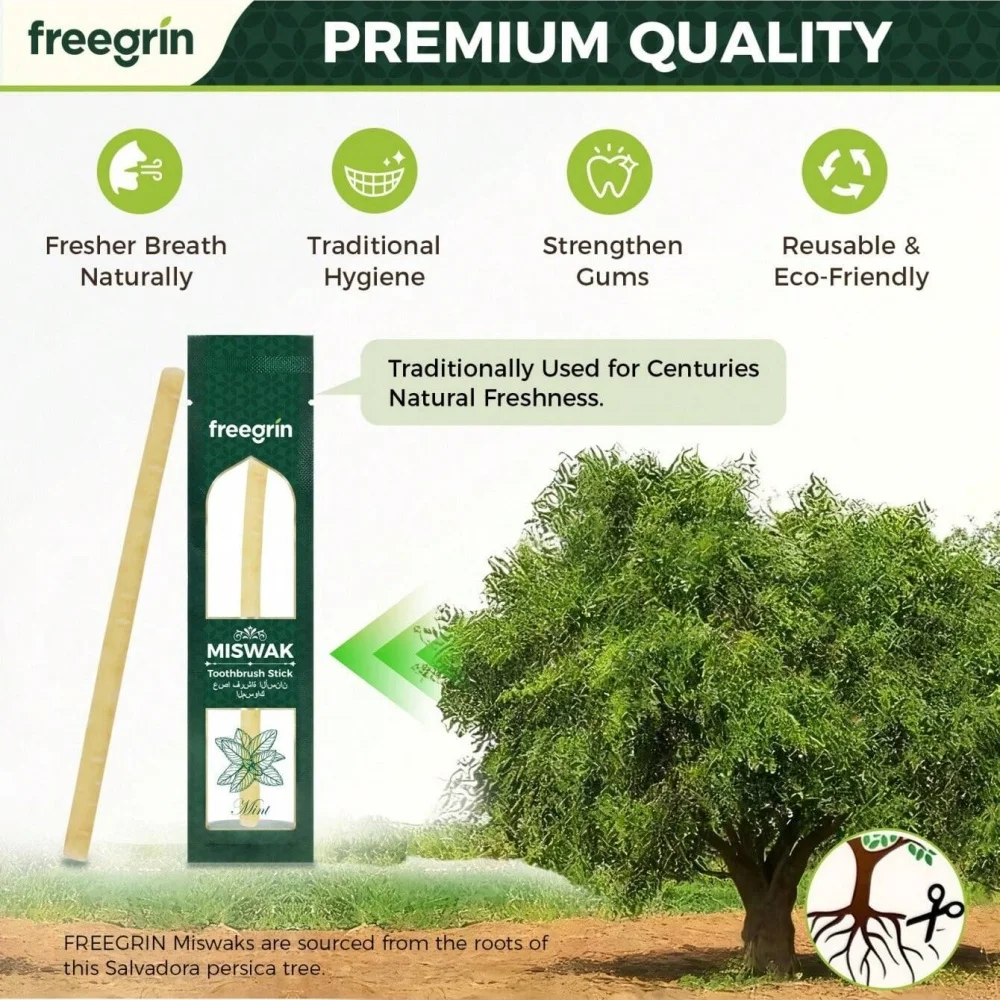 FREEGRIN Mint-flavored Natural Miswak Toothbrush Sticks Maximum Freshness, Sourced from Genuine Arabic Plants For Fresher Breath