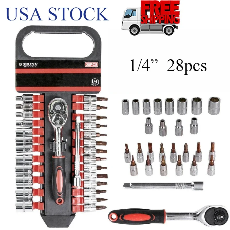 

28pcs Ratchet Socket Wrench Set Tools with Hanging Rack 1/4" Drive Sockets Spanner Connector Combination Kit Repair Hand Tools