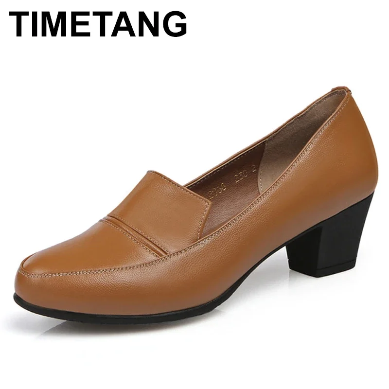 

TIMETANG Genuine Leather shoes Women Round Head Pumps Sapato feminino High Heels Soft Leather Fashion Causal Women Shoe