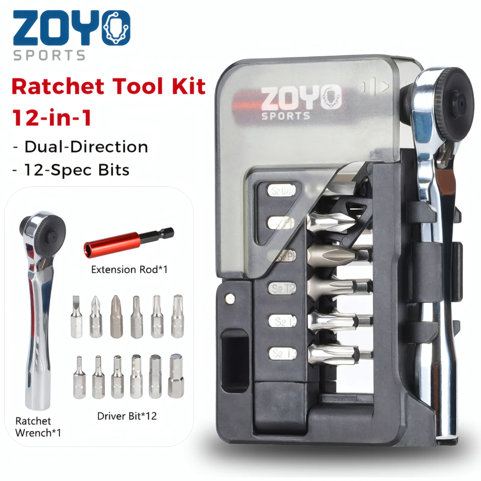 

ZOYOSPORTS 12 in 1 Ratchet Screwdriver Set S2 Steel Bits Extension Bar Compact Repair Kit for Bike Electronics Home