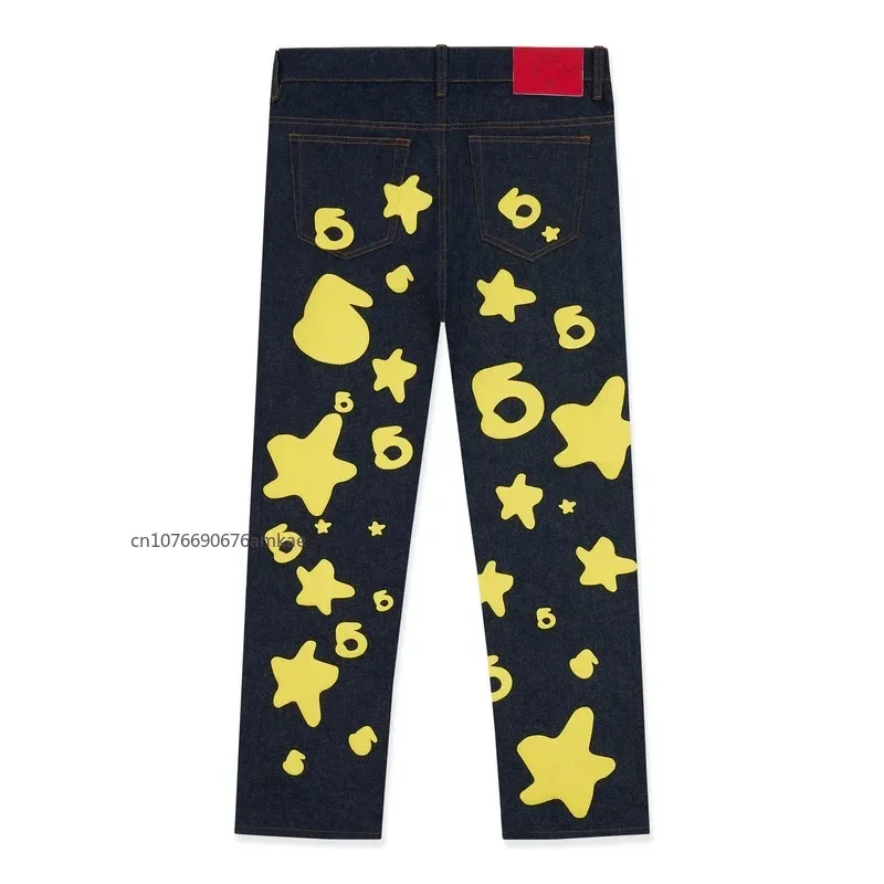 Ins Tide Jeans Men Women American Street Style Yellow Letters Foam Printing Straight Pants Fall Winter New Loose Couple Jeans