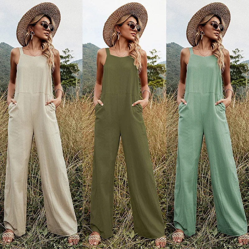 

Solid color tank top backless adjustable suspenders character long stitching loose jumpsuit