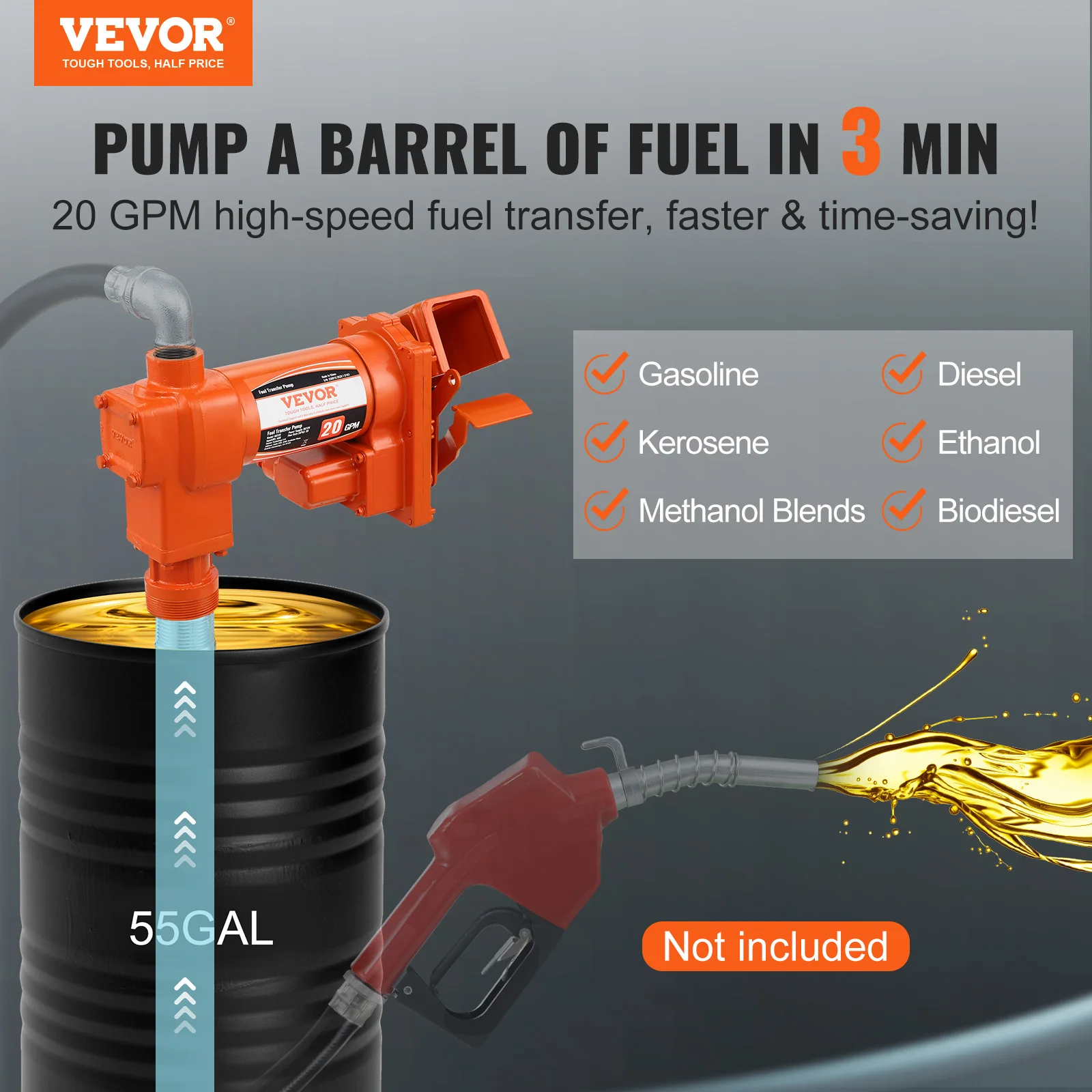 VEVOR Fuel Transfer Pump 12V DC 1/4 HP Gasoline Extractor Pump for Diesel, Kerosene, Ethanol & Methanol Blends, and Biodiesel