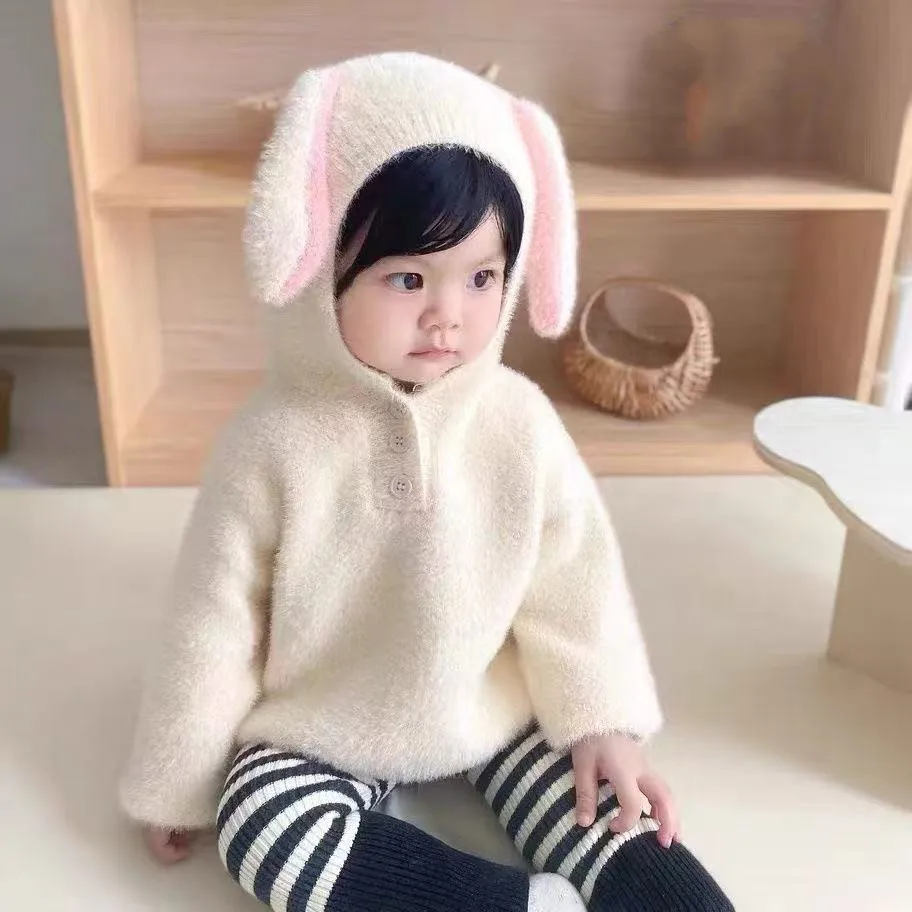 

Girl Baby Mink Pullover Knitted Sweater Sutumn and Winter Cute Children's Ear Hooded Sweatshirt Girl's Rabbit Ear Hooded Top