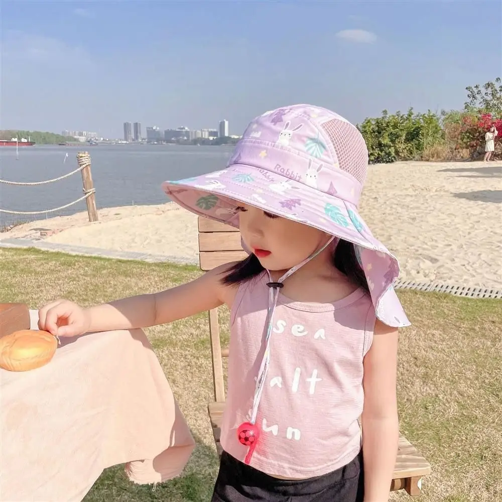 Bucket Cap Summer Baby Hat With Whistle Wide Brim Children's Sunscreen Hat Neck Ear Cover Anti UV Kids Beach Caps Girls Boys