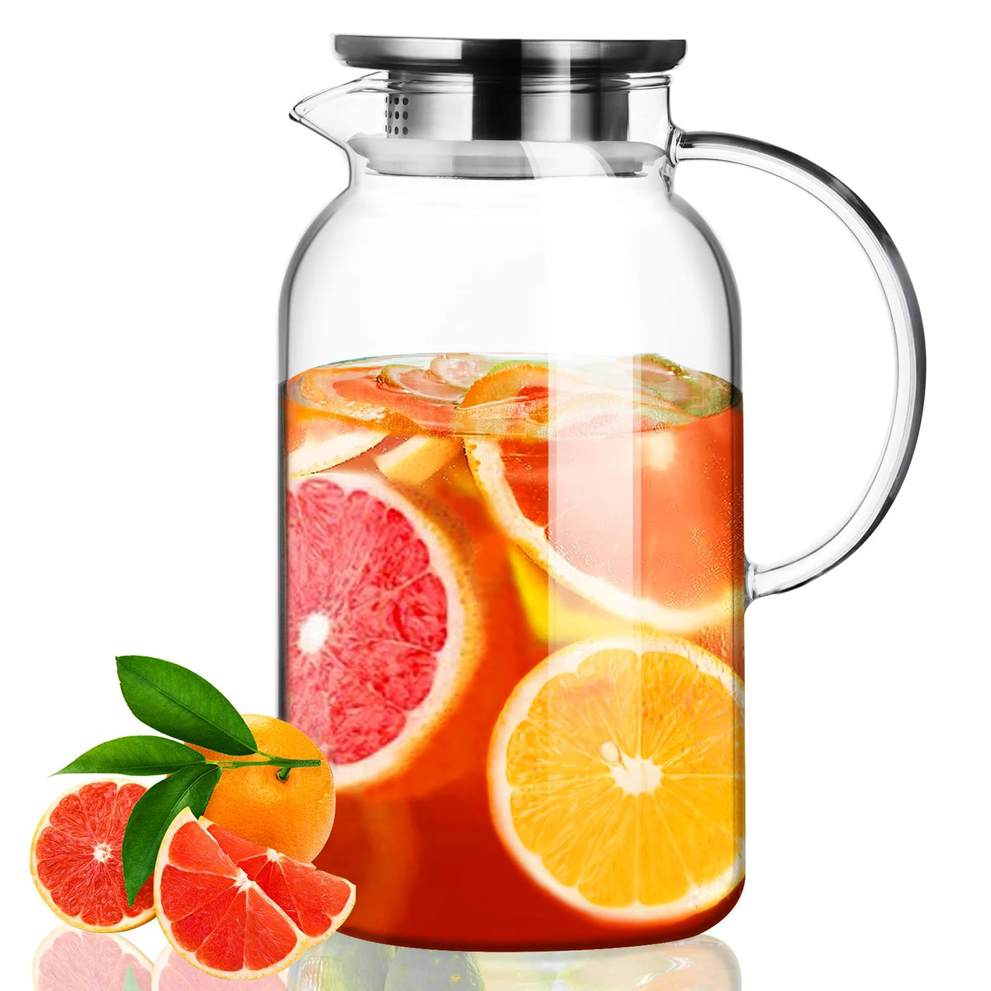 

Glass water pitcher with lid and spout, 60 oz glass water pitcher, leak-proof glass carafe, tea kettle for iced tea, coffee