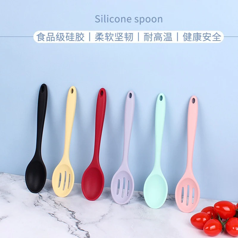 Solid Color Silicone Spoon Heat Resistant Non-stick Rice Spoons Kitchen Utensil Slotted Spoon Cooking Kitchen Tool Tableware