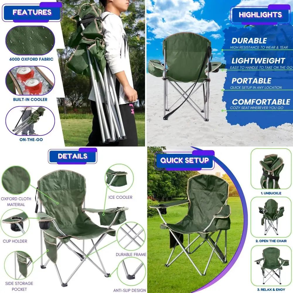 

Оливково-зеленые двухместные походные стулья с сумкой-холодильником, карманом, подстаканником и сумкой для переноски для активного отдыха на природе