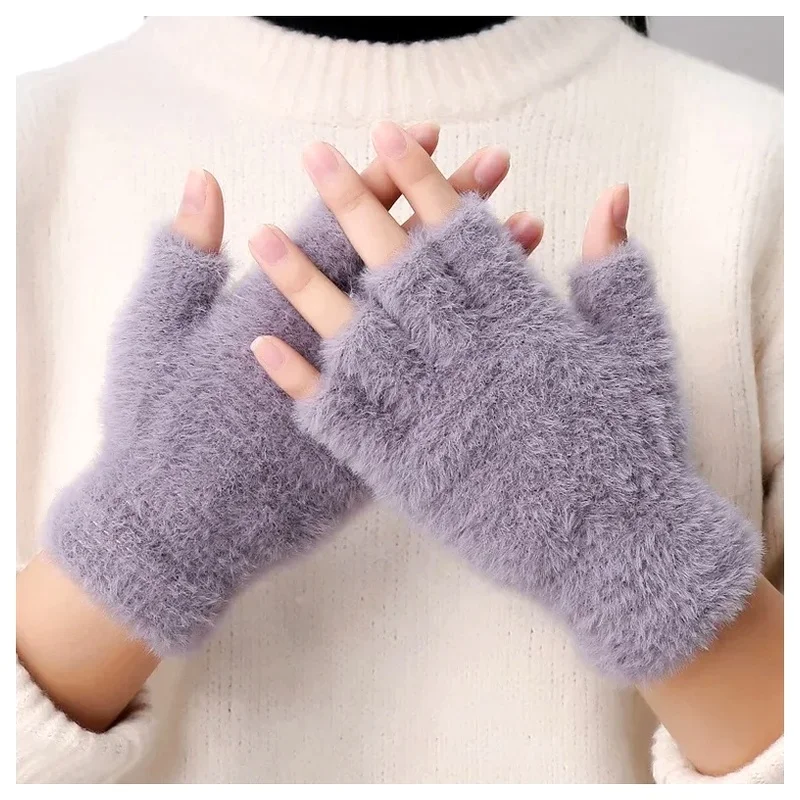 Winter Plush Touchscreen Soft Fashion Warm Imitation Mink Cashmere Half Finger Gloves for Women for Driving Winter Work