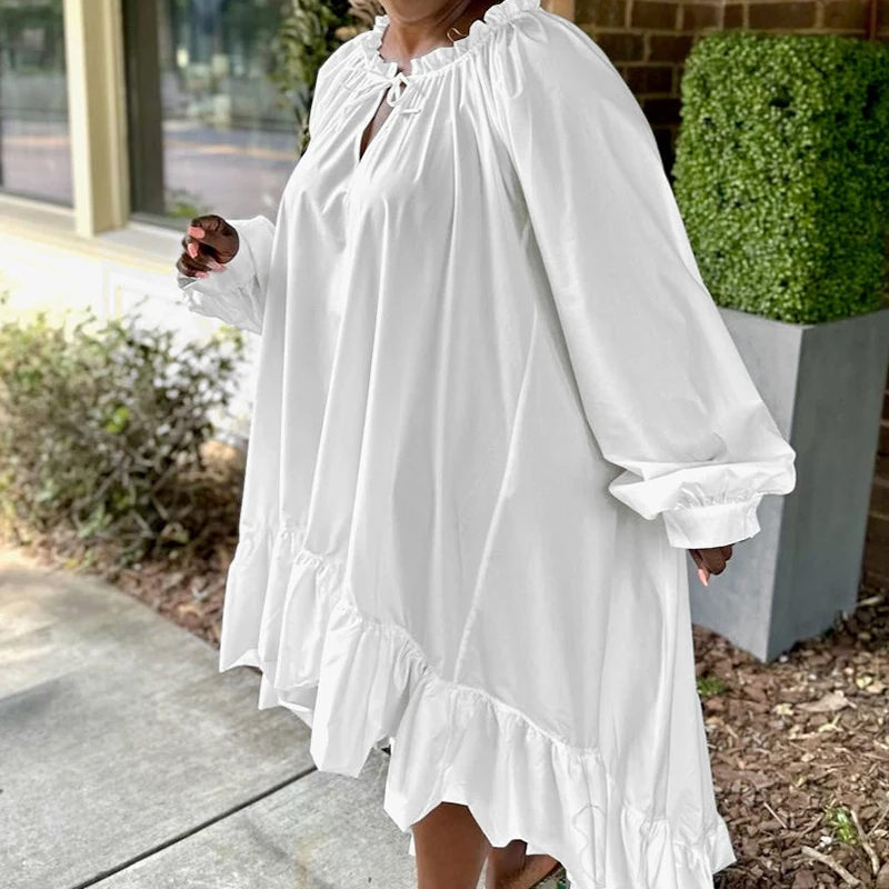 Women Casual Lantern Sleeve Solid Party Dress Fashion Pleated Ruffle Long Dresses Elegant V-neck Tie-up Irregular Hem Maxi Dress