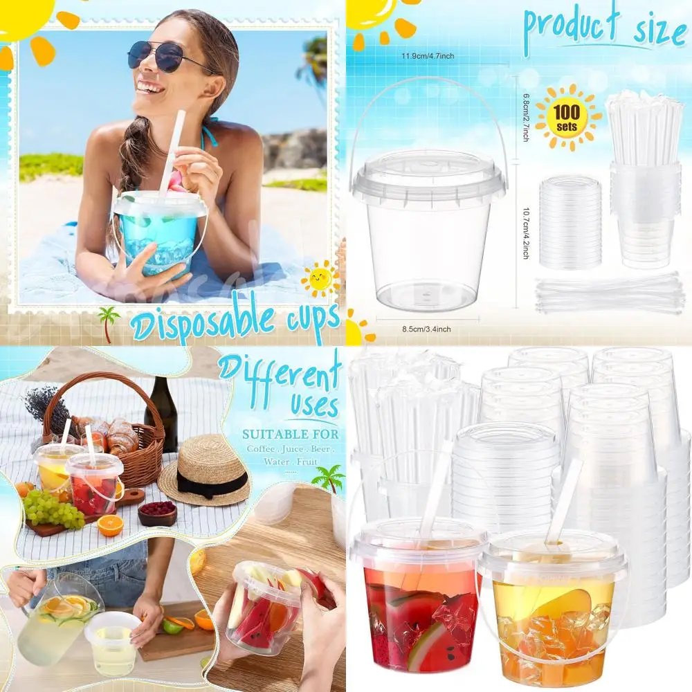 

Одноразовые прозрачные пластиковые стаканчики емкостью 24 унции с крышками, соломинками и ручками для вечеринок, пляжей и путешествий.