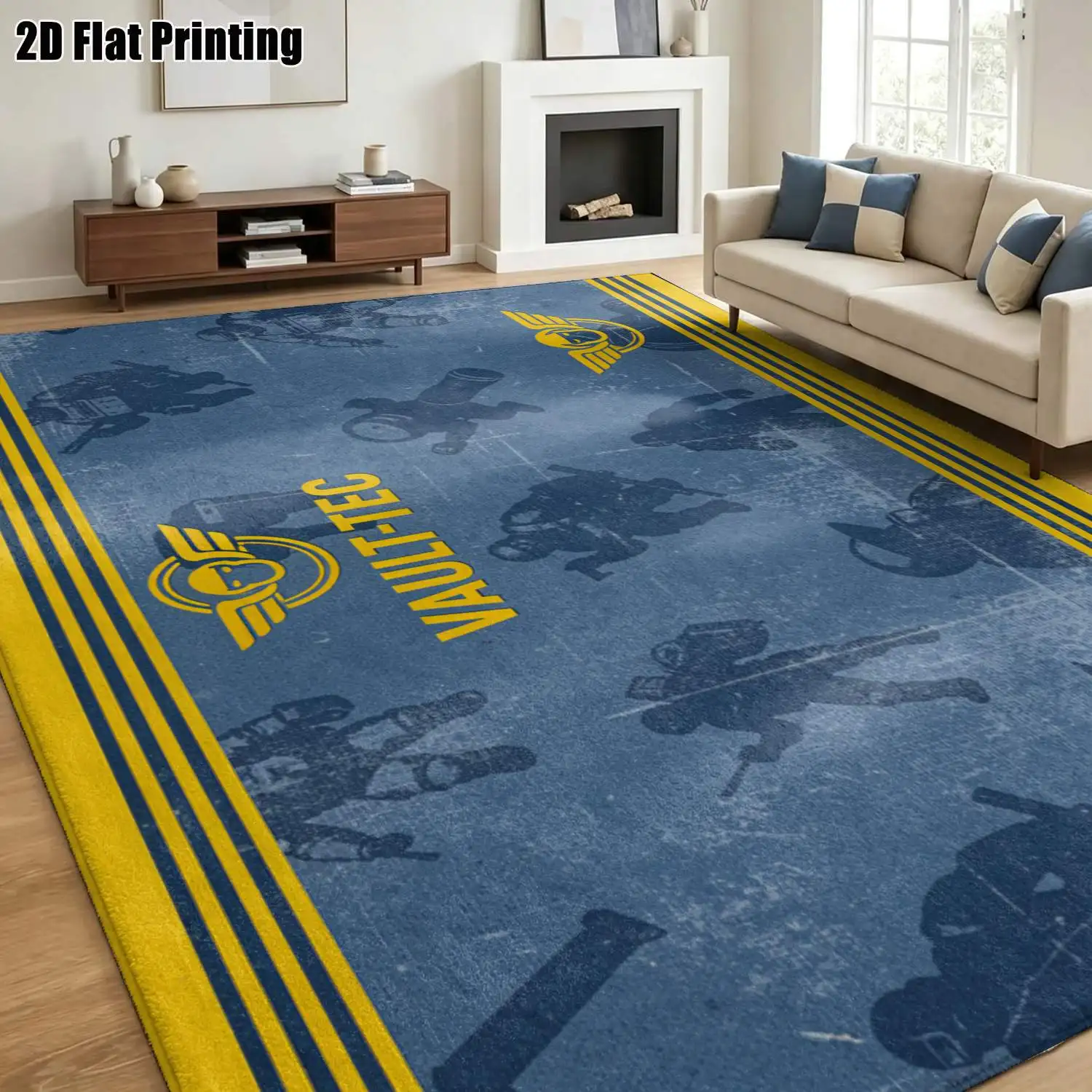 1Pc 2D Printed Retro Blue-Yellow Letter Pattern Carpets: Nordic, Modern Minimalist, European Geometric Striped Styles, Home Decor, Multi-Size, Machine Washable, for Entrance/Dining Room/Foyer/Living Room/Bedroom