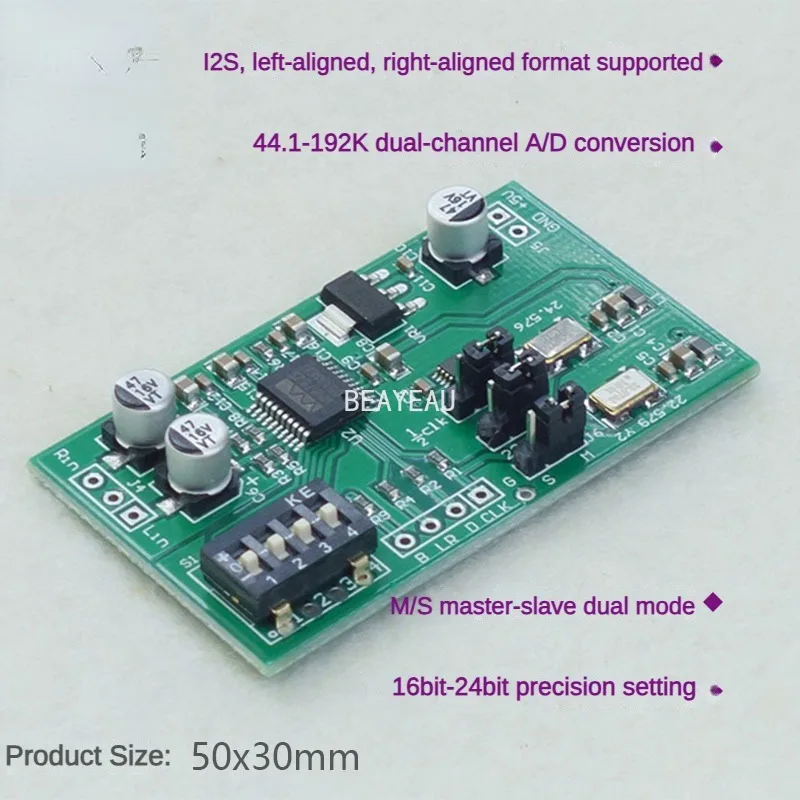 Dual Channel 24-bit ADC Data Acquisition Card WM8782 AUX Analog Audio To I2S Align Digital Output Module Around 24bit 192K