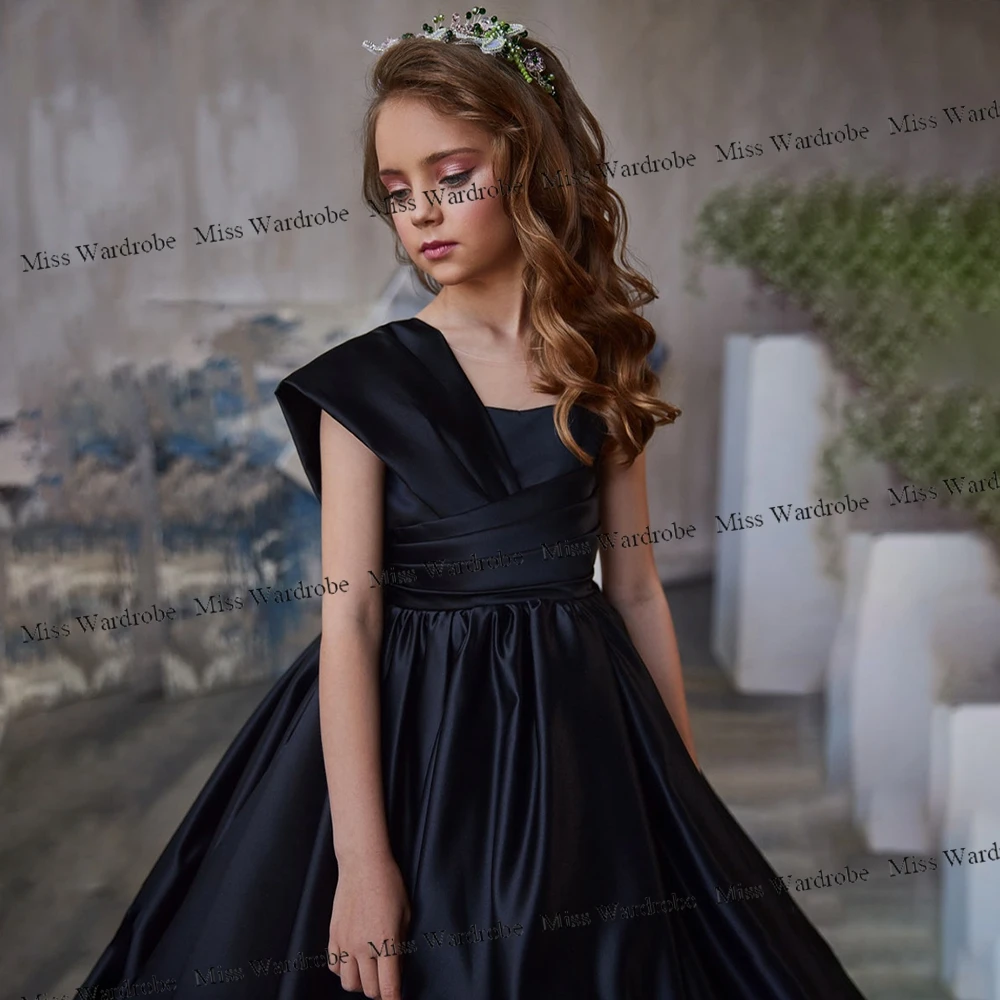 Elegant Black Little Girls Party Dress Jewel Sleeveless Floor Length Red Kids Prom Gown Satin Wedding Guest 