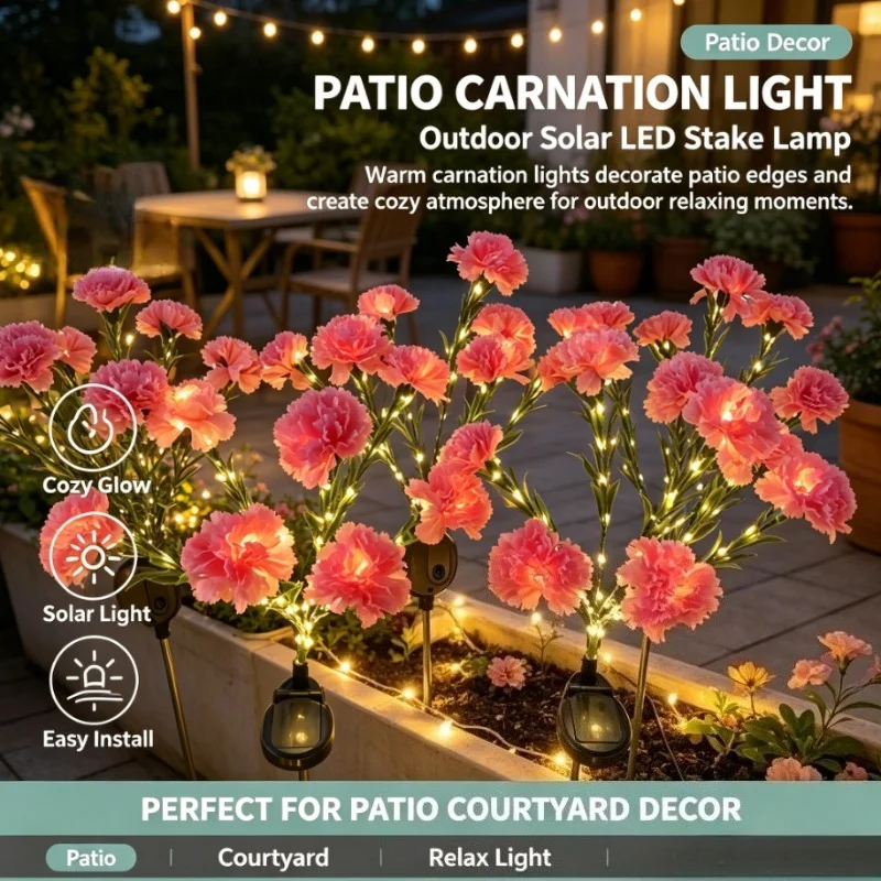 Solar Flower Stake with Ruffled Carnation Blooms, Decorative LED Branches for Garden Beds