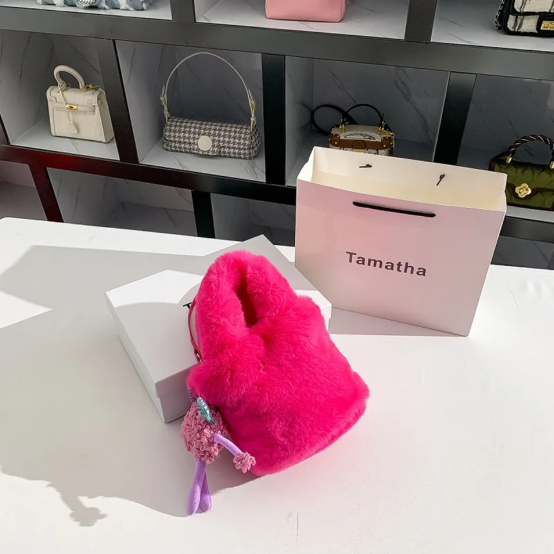 Autumn Winter Pink Color Faux Fur Soft Bucket Bag Women\'s Handbag Lady Purse Evening Clutch Bag Female Shoulder Crossbody Bag