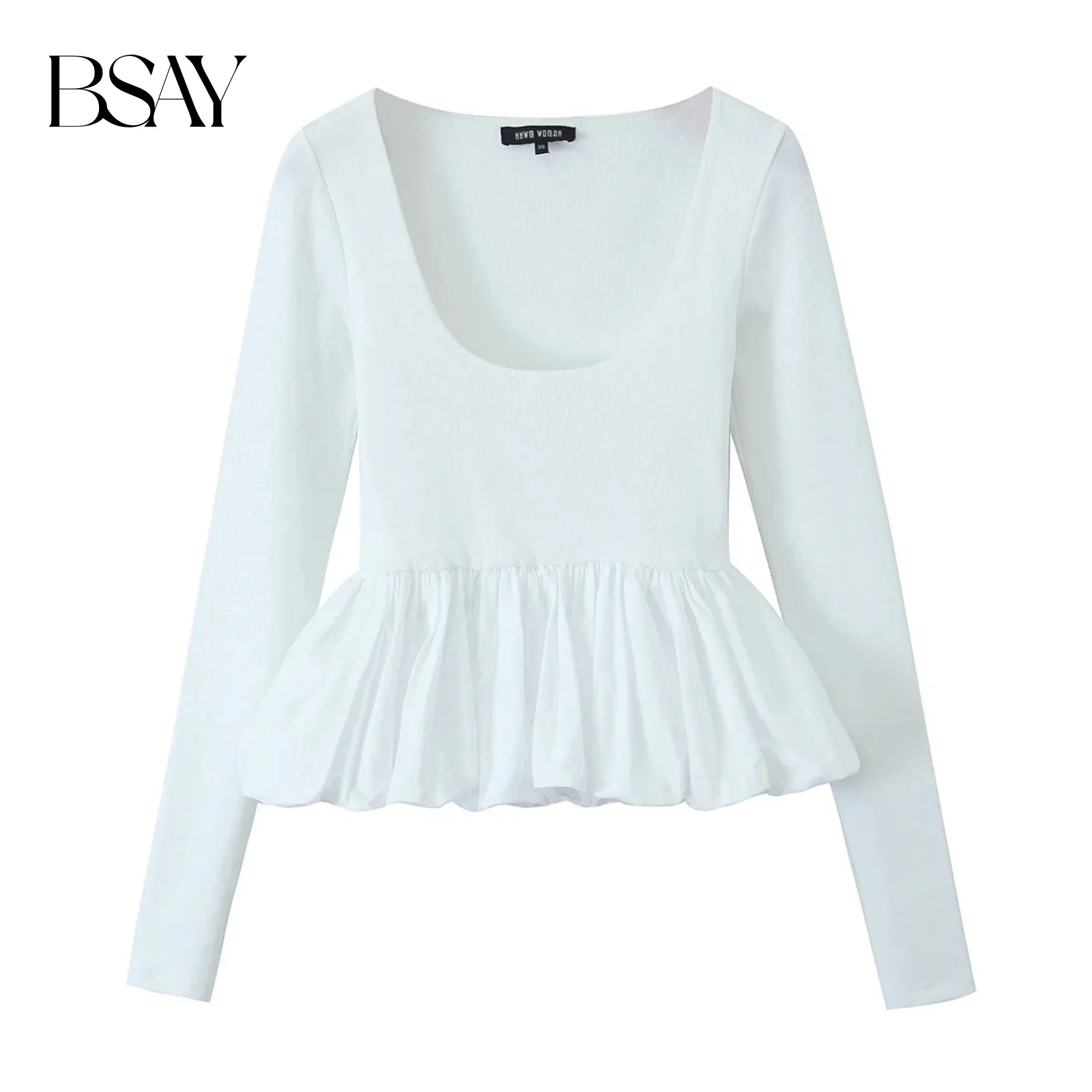 

BSAY Women Fashion Spring New White Poplin splicing design Top Pullover Long-sleeved U-neck Tee Chic Female T-Shirts Mujer