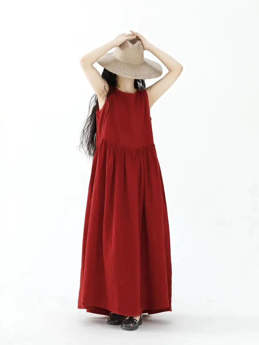 Solid 100% Cotton Red A Line Sleeveless Vest Long Dress Women Summer Elegant Casual Loose Vacation Seaside Sundress X1352