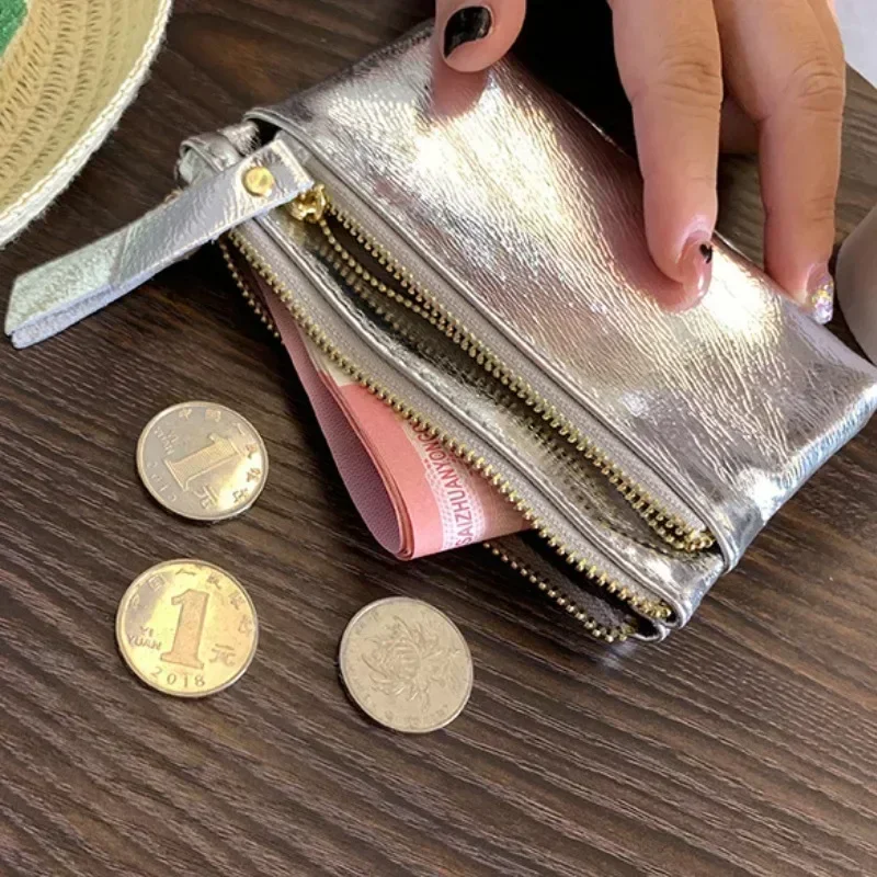 Clutch Mini Coin Purse for Women Genuine Leather Small Silver Money Wallet Credit Card Cash Holder Female Storage Bags Pouch