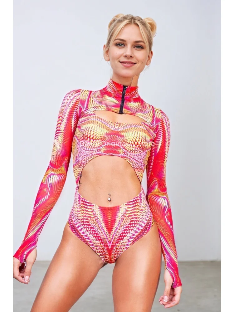 Women Psychedelic Daydream Print Long Sleeve Cut Out Bodysuit Pulsar Shrug 2PC Bodysuit Rave Festival Party Performance Outfits view 3