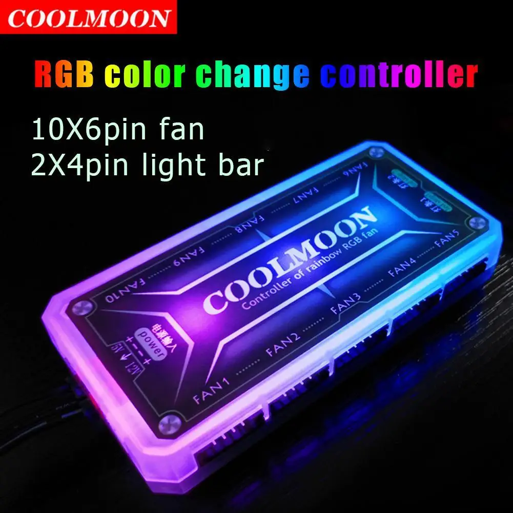 COOLMOON RGB Remote Controller DC12V 5A LED Color Intelligent Fan Controller With 10pcs 6-pin Fan Port 2pcs 4-pin Light Bar Port