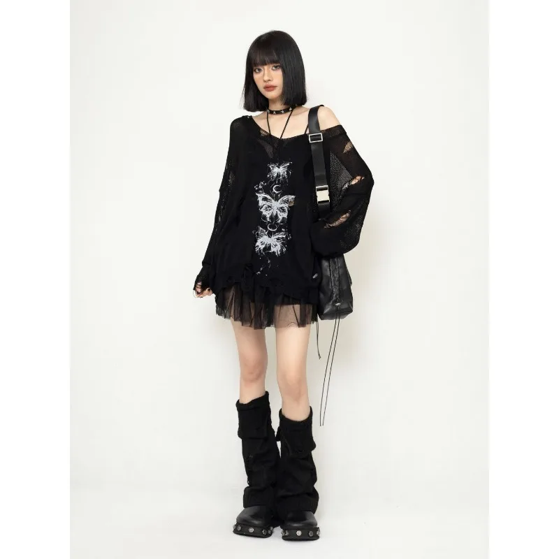 Deeptown Harajuku Y 2K Damestrui Uitgehold Vintage Grunge Gebreide Pullovers Gothic Japanse Mode Gebreide Herfst Met Lange Mouwen