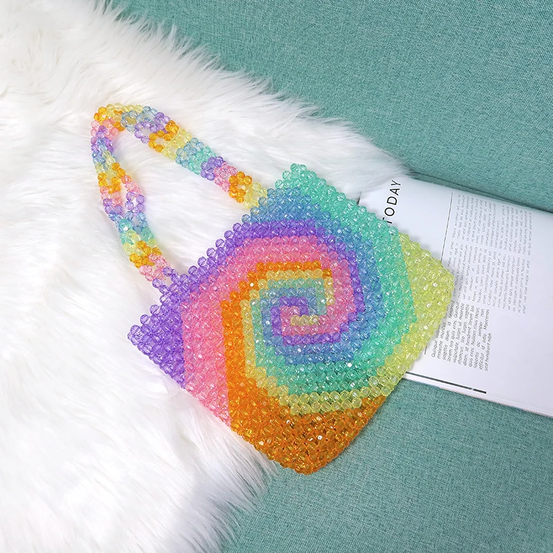 Handmade Beaded Bags Women's Fashion Colorful Woven Shoulder Bag Rainbow Design Ins Versatile Large Capacity Handbag Bolso Mujer