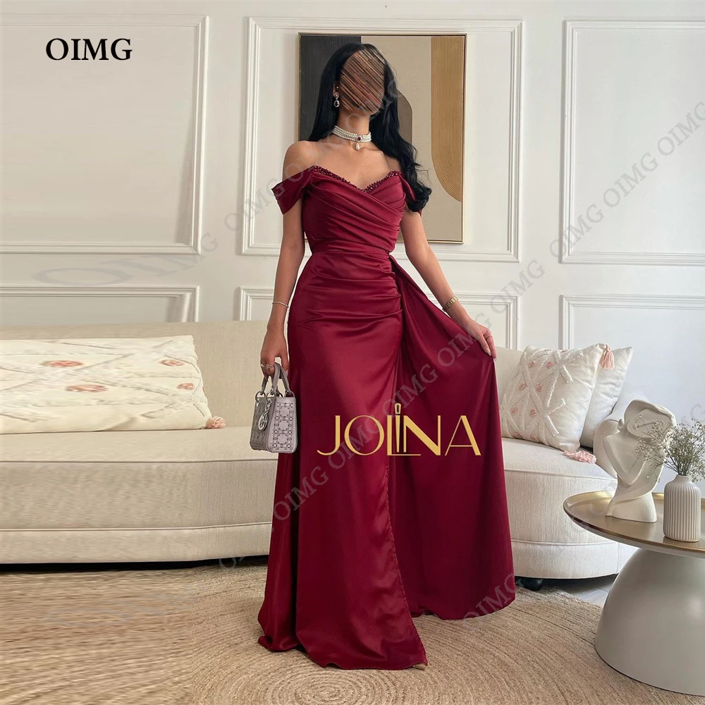 

2023 Women's Beach Evening Dresses Wine Red Off Shoulder Satin Pleated Applique Prom Gowns Fashion Celebrity Formal Party Robe