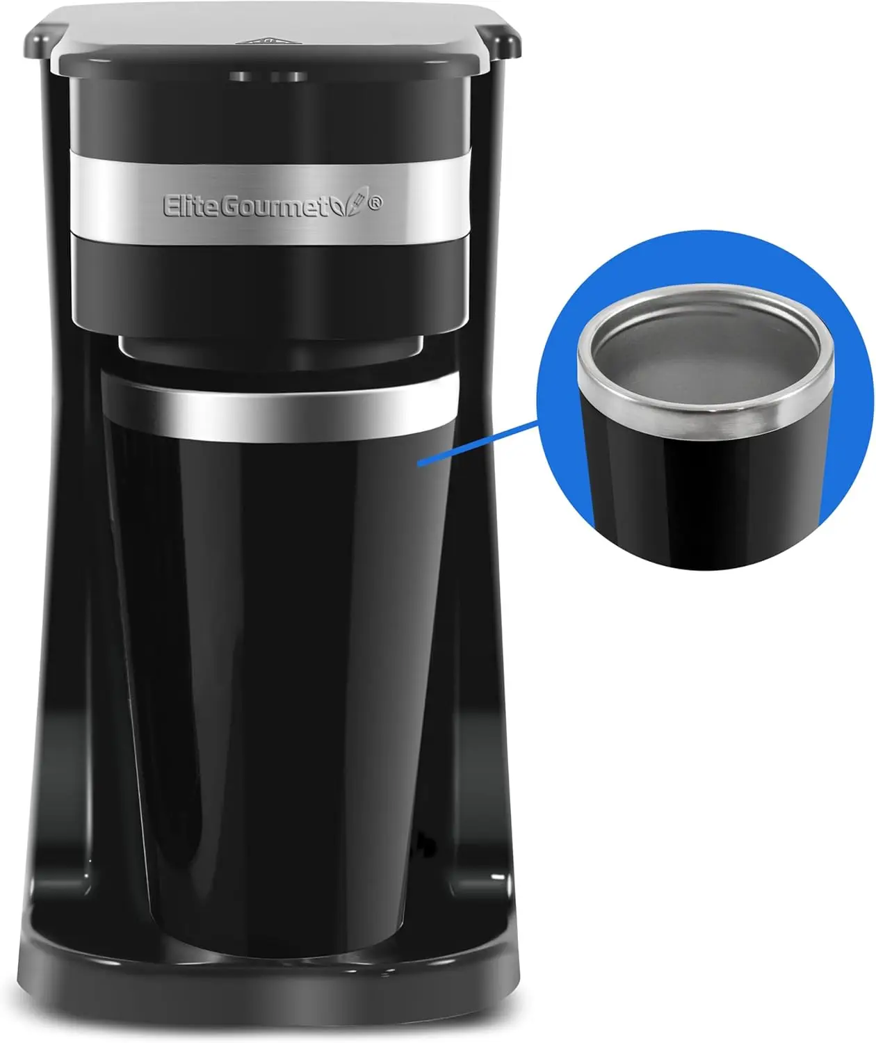

Compact Single-Serve Coffee Maker with 14Oz Stainless Steel Travel Mug, Reusable Filter, Black