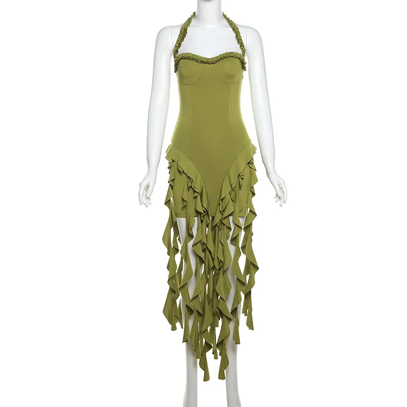 Vestido corto sin mangas con tirantes irregulares para mujer, minivestido Sexy con cuello Halter para fiesta en la playa, falda de noche, ropa informal de verano, color verde