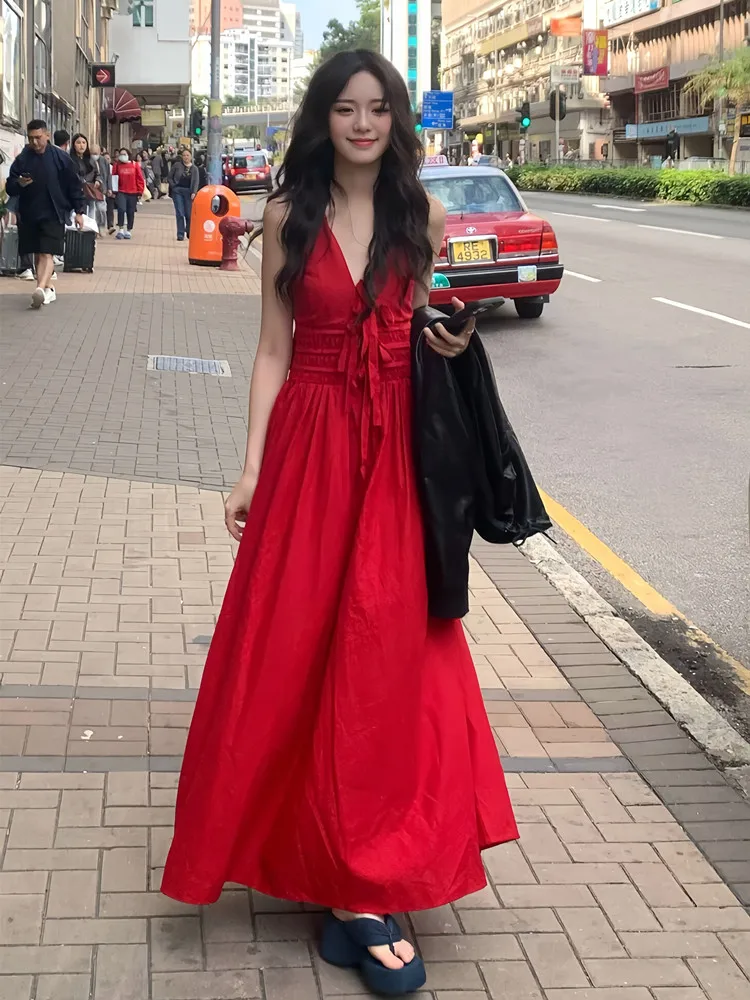 

Женское летнее платье Ele Red Neline 2026: Новинка для пляжного отдыха, Гонконг, с завышенной талией, длинное, в стиле ретро, для повседневной носки