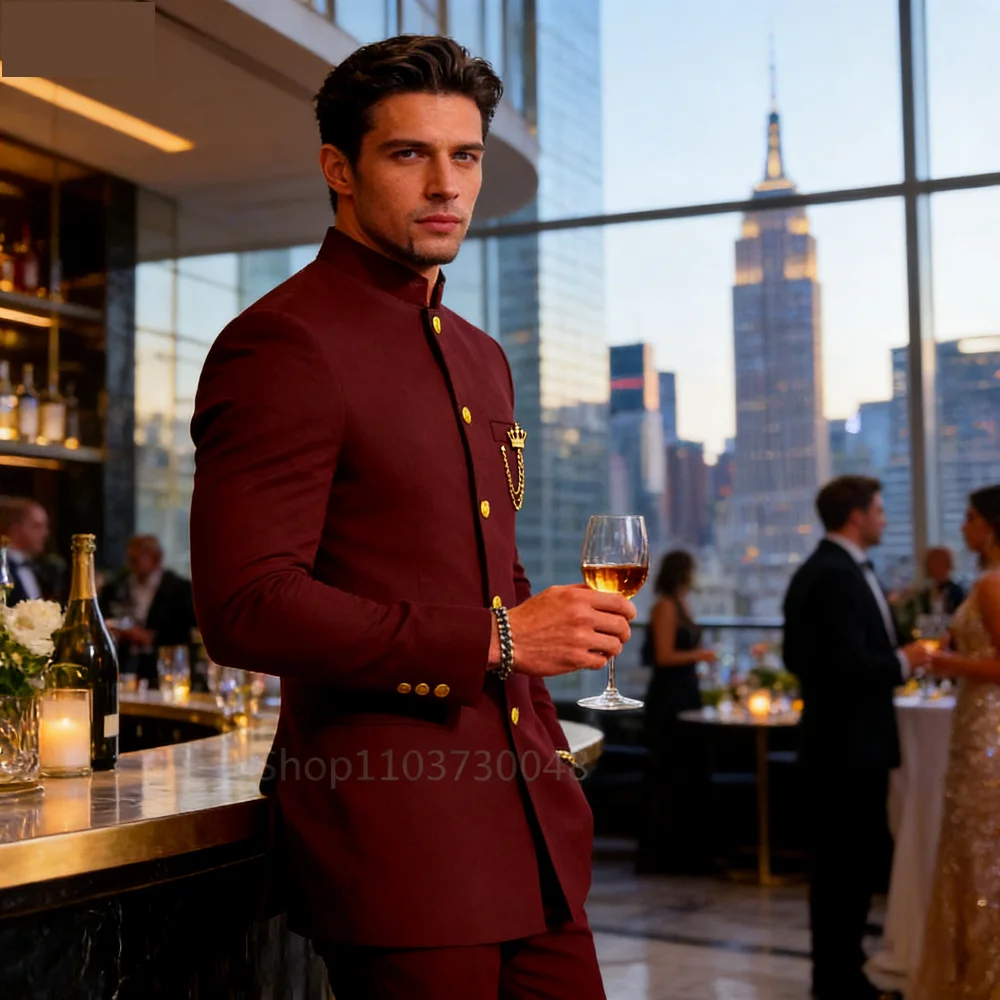 

Мужской комплект: пиджак с воротником-стойкой и длинные брюки, уникальный дизайн нагрудной части, африканский стиль, деловой костюм, однотонный.