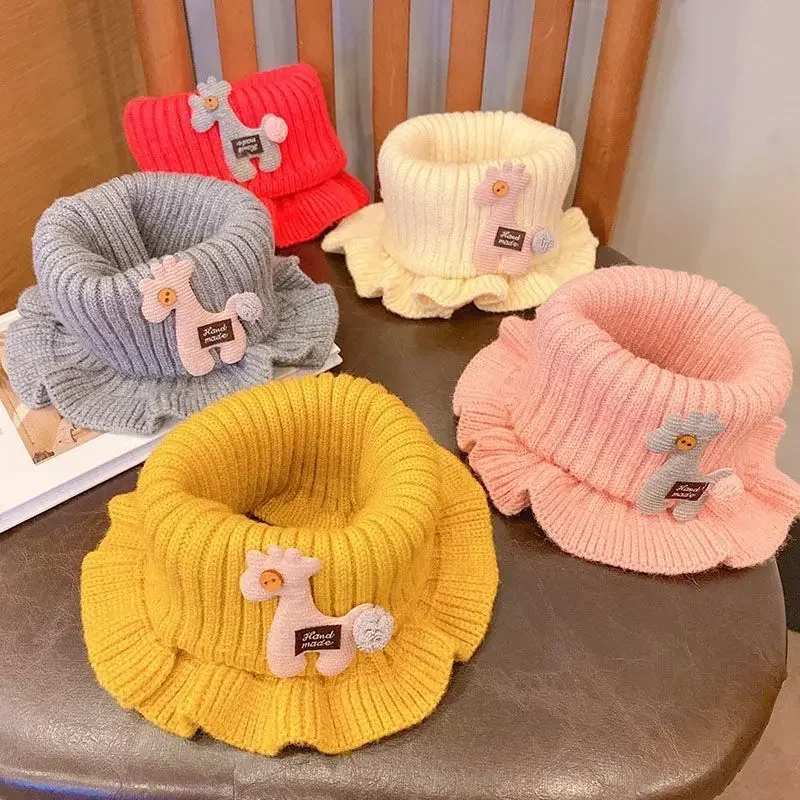 New Baby Knitted Scarf Cartoon Wool Giraffe Ruffle Neck Warmer Girls Kids Accessories Collar Circle Outdoor Winter Warm Scarves