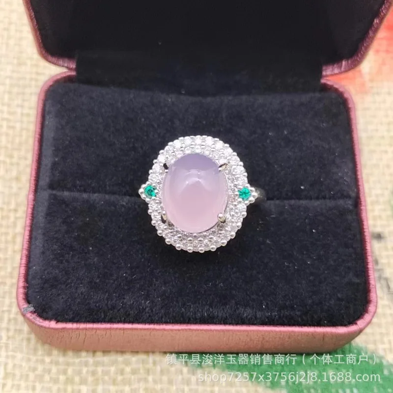 Silver-plated ring with high-quality white chalcedony inlay, women's pigeon egg green agate jade ring