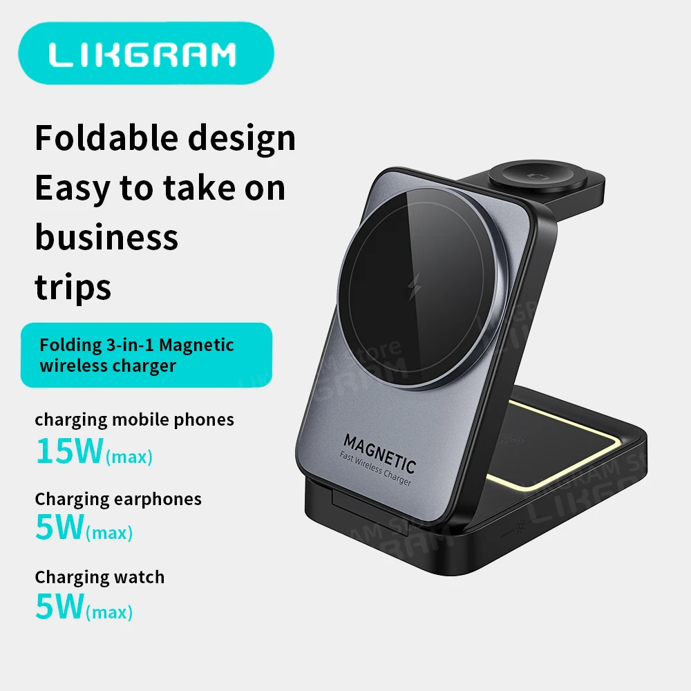 3 in 1 Magnetic Wireless Charger with Nightlight Foldable Magsafe for iPhone 12-18 Apple Watch AirPods (Not for AirPods 2) W91